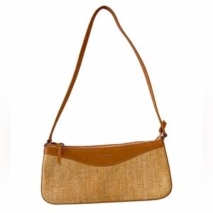 Kate Spade Rattan Straw Shoulder Bag Tan Leather Trim Zip Top